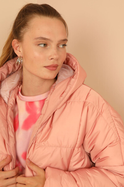 Quilted Fabric Zippered Collar Short Oversized/Loose Women's Jacket - Rose Quartz - 5