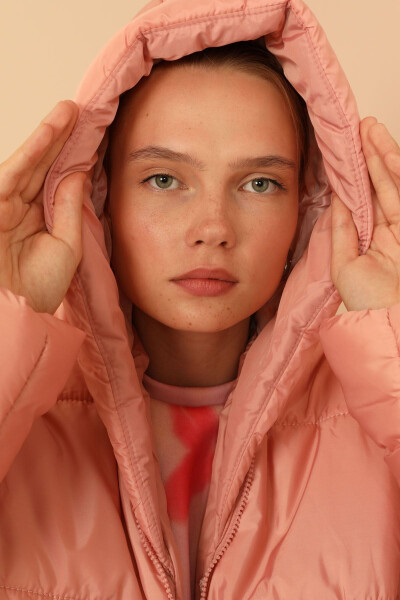 Quilted Fabric Zippered Collar Short Oversized/Loose Women's Jacket - Rose Quartz - 10