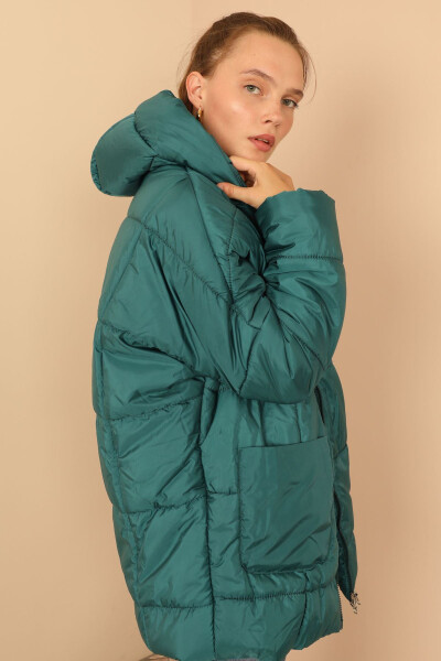 Quilted Fabric Zippered Collar Short Oversize/Relaxed Women's Jacket - Emerald Green - 17