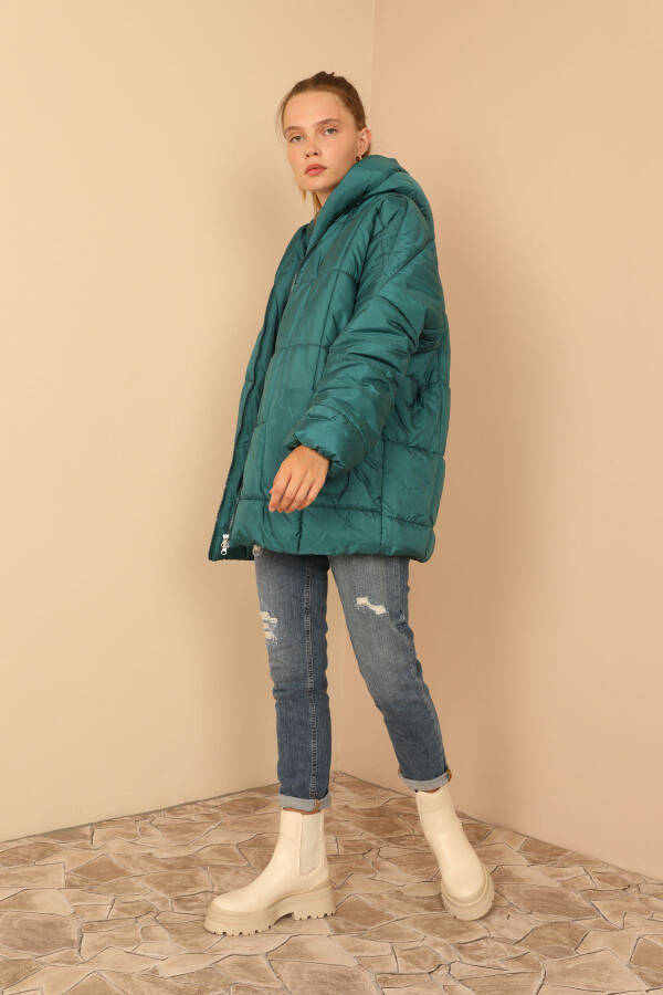 Quilted Fabric Zippered Collar Short Oversize/Relaxed Women's Jacket - Emerald Green - 21