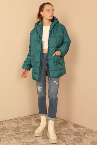 Quilted Fabric Zippered Collar Short Oversize/Relaxed Women's Jacket - Emerald Green - 23