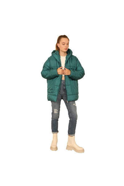 Quilted Fabric Zippered Collar Short Oversize/Relaxed Women's Jacket - Emerald Green - 30