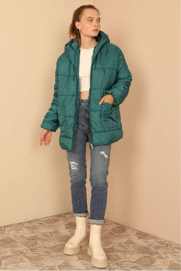 Quilted Fabric Zippered Collar Short Oversize/Relaxed Women's Jacket - Emerald Green - 31