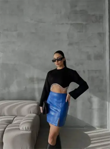 QUILTED LEATHER SKIRT WITH SLIT - Sax - 1