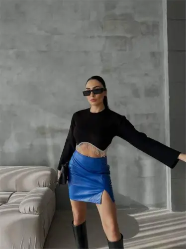 QUILTED LEATHER SKIRT WITH SLIT - Sax - BÜYÜKBEDENIZ (1)
