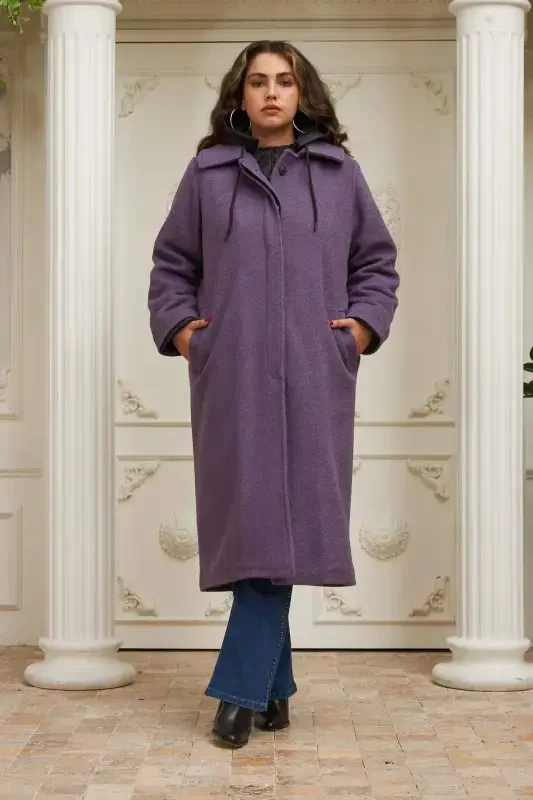 Quilted Plus Size Hooded Purple Coat - BÜYÜKBEDENIZ