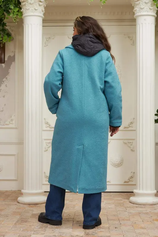 Quilted Plus Size Hooded Turquoise Coat - 6