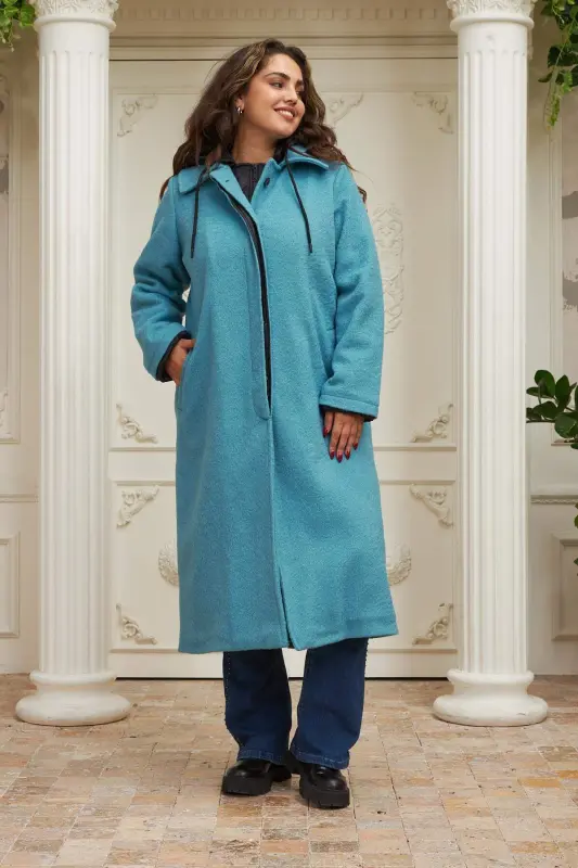 Quilted Plus Size Hooded Turquoise Coat - BÜYÜKBEDENIZ