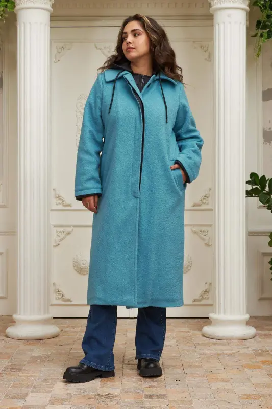 Quilted Plus Size Hooded Turquoise Coat - 3