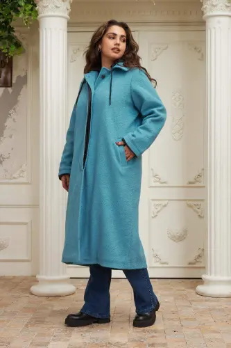 Quilted Plus Size Hooded Turquoise Coat - 4