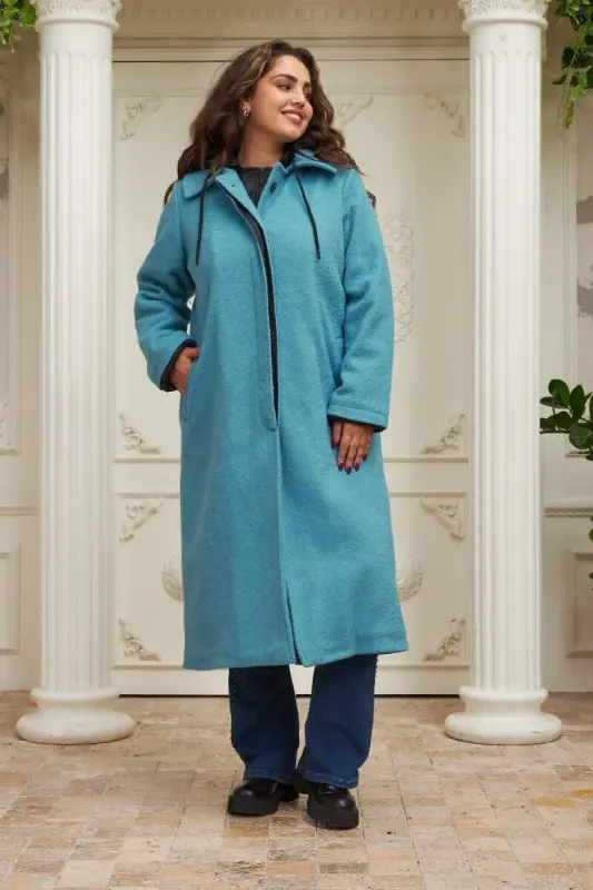 Quilted Plus Size Hooded Turquoise Coat - 1