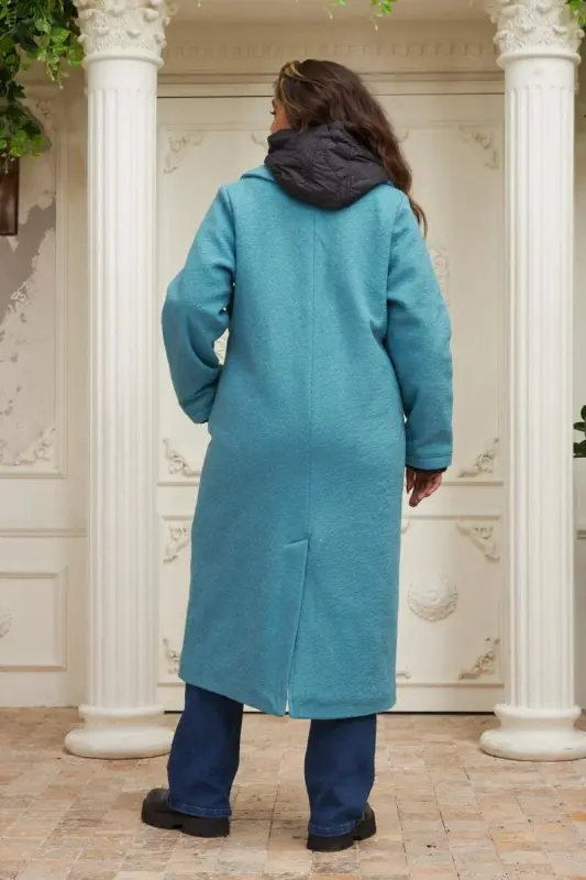 Quilted Plus Size Hooded Turquoise Coat - 5