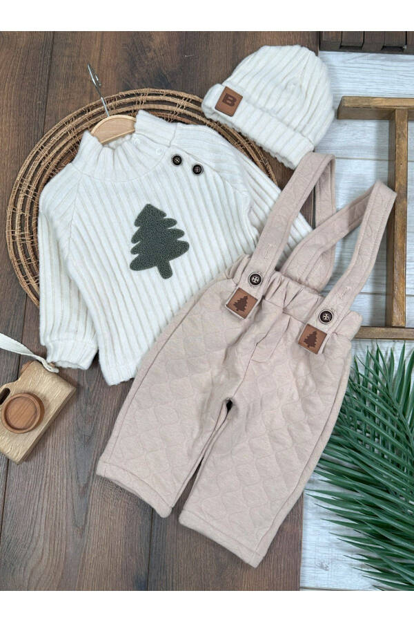 Quilted Salopet, Pine Embroidery Beanie, Fisherman Neck Bodysuit, Winter 3-Piece Baby Boy Set - 1
