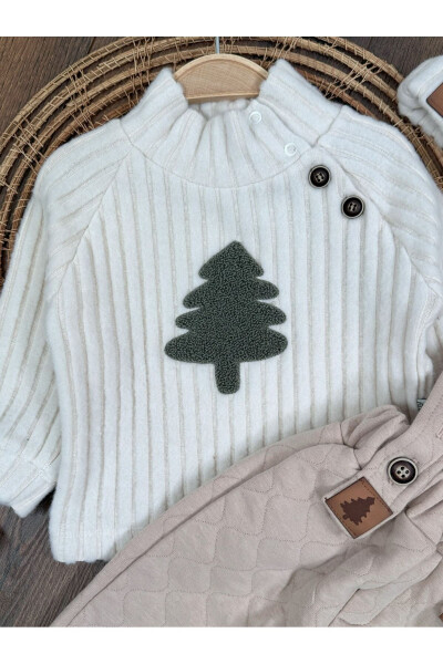 Quilted Salopet, Pine Embroidery Beanie, Fisherman Neck Bodysuit, Winter 3-Piece Baby Boy Set - 2
