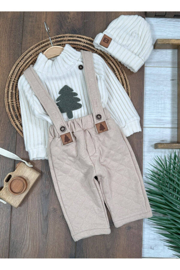 Quilted Salopet, Pine Embroidery Beanie, Fisherman Neck Bodysuit, Winter 3-Piece Baby Boy Set - 7