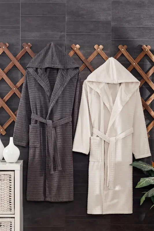 Quina Beige Anthracite Hooded Oversize Bathrobe Set-Beige - 9