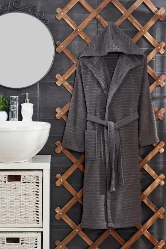 Quina Beige Anthracite Hooded Oversize Bathrobe Set-Beige - 22