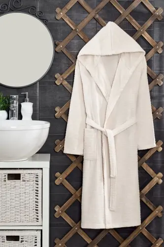 Quina Beige Anthracite Hooded Oversize Bathrobe Set-Beige - 21