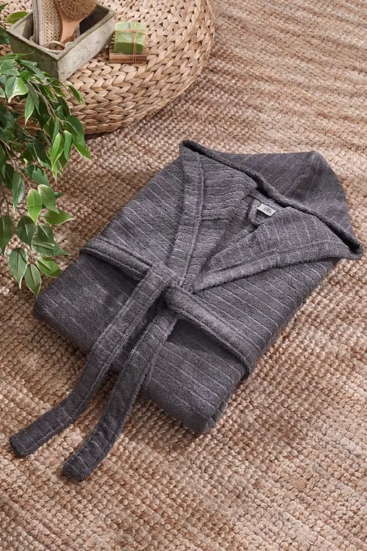 Quina Beige Anthracite Hooded Oversize Bathrobe Set-Beige - 20