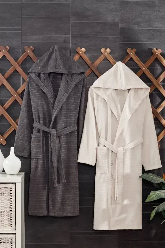 Quina Beige Anthracite Hooded Oversize Bathrobe Set-Beige - 16
