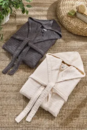 Quina Beige Anthracite Hooded Oversize Bathrobe Set-Beige - CASNACK (1)