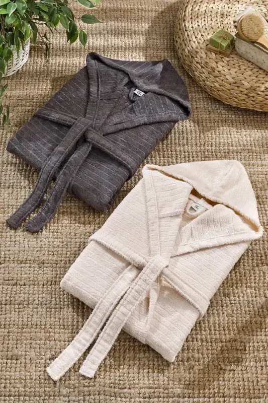 Quina Beige Anthracite Hooded Oversize Bathrobe Set-Beige - 2
