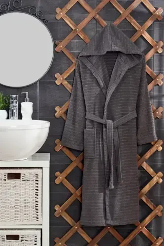 Quina Beige Anthracite Hooded Oversize Bathrobe Set-Beige - 3