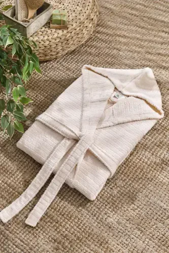 Quina Beige Anthracite Hooded Oversize Bathrobe Set-Beige - 6