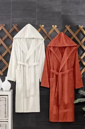 Quina Beige Tile Hooded Oversize Bathrobe Set-Beige - 5