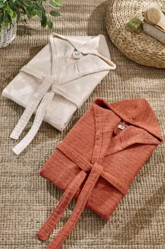 Quina Beige Tile Hooded Oversize Bathrobe Set-Beige - 6
