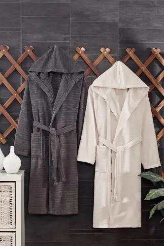 Quina Bej Antrasit Kapüşonlu Oversize Bornoz Seti - Bej-Antrasit - 1