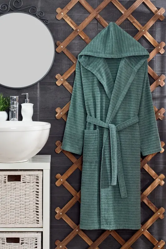 Quina Green Anthracite Hooded Oversize Bathrobe Set-Green - 11