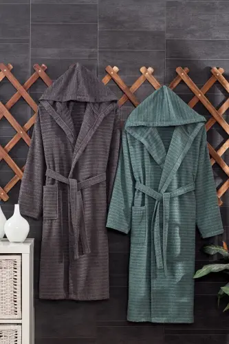 Quina Green Anthracite Hooded Oversize Bathrobe Set-Green 