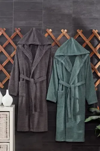 Quina Green Anthracite Hooded Oversize Bathrobe Set-Green - 1