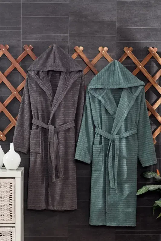 Quina Green Anthracite Hooded Oversize Bathrobe Set-Green - 1