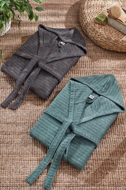 Quina Green Anthracite Hooded Oversize Bathrobe Set-Green - 14