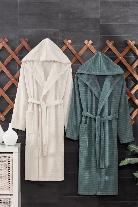 Quina Green Beige Hooded Oversize Bathrobe Set - Green - 1