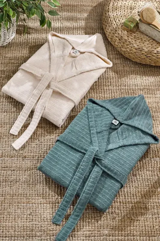 Quina Green Beige Hooded Oversize Bathrobe Set - Green - 2