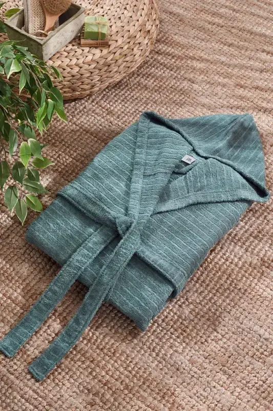 Quina Green Beige Hooded Oversize Bathrobe Set - Green - 4