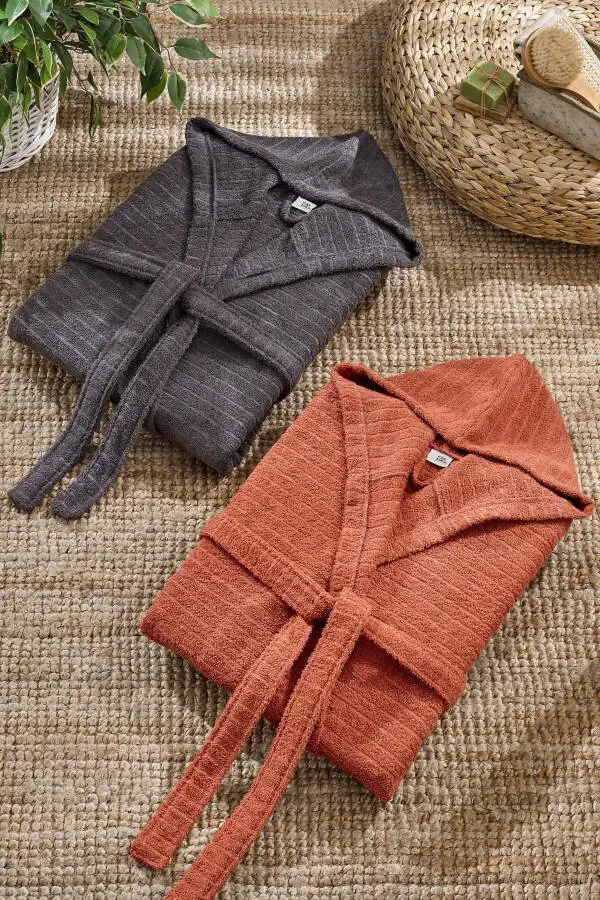 Quina Kiremit Antrasit Kapüşonlu Oversize Bornoz Seti-Kiremit - 2