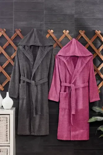 Quina Mürdüm Antrasit Kapüşonlu Oversize Bornoz Seti-Mürdüm - 1