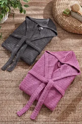 Quina Mürdüm Antrasit Kapüşonlu Oversize Bornoz Seti-Mürdüm - 2