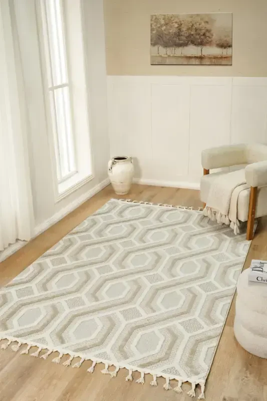 Quincey Bukleli Yumuşak Peluş Post Shaggy Krem Çocuk Odası Oturma Odası Salon Mutfak Halısı-KREM GRİ - VENUCCI HOME & LIVING