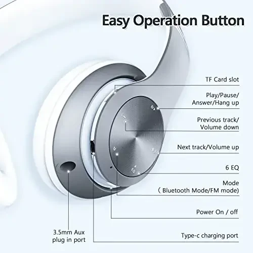 Quloqchinlar Simsiz Bluetooth, 60 soat O'yin vaqti Yig'iladigan Yengil Bluetooth Quloqchinlar Simsiz Quloq ustida Ovozli Hi-Fi Stereo 6 EQ rejimi bilan, Chuqur Bass Sozlanishi Mikrofonli Garnitura, FM, TF kattalar uchun - 4