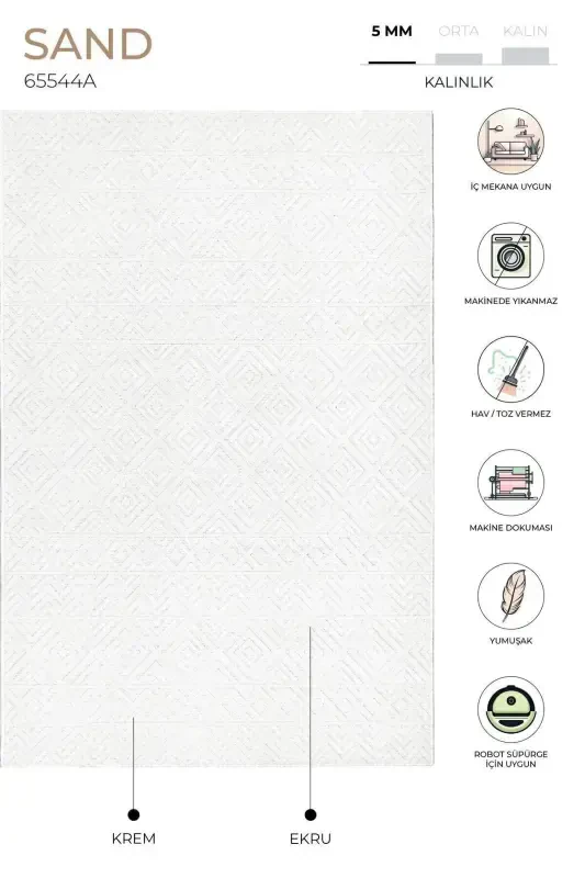 Qum kremi bej buklanadigan oson tozalanadigan gilam 65544a-Qum kremi bej - 2