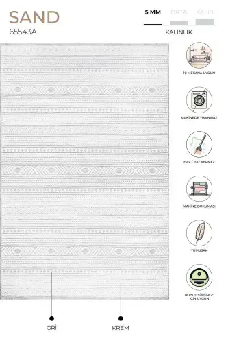 Qum Kulrang Krem Oson Tozalash Gilam Gilam Yotoq xonasi Yotoq xonasi Koridor Mashina Gilami 65543a-Kulrang Krem - 2