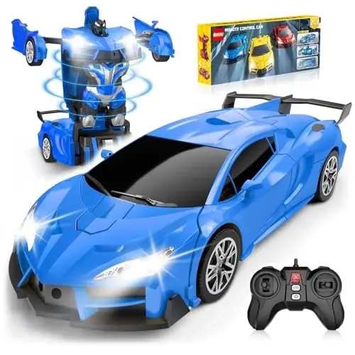 Qumcou 1: 16 Transform Remote Control Car, Toys for Boys Age 3-8, Blue | Easy 2.4GHz Controls, 360° Spins for Indoor Play. LED Light, One-Button Transforming. Fun Birthday Gift for Boys - 1