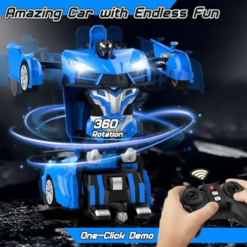 Qumcou 1: 16 Transform Remote Control Car, Toys for Boys Age 3-8, Blue | Easy 2.4GHz Controls, 360° Spins for Indoor Play. LED Light, One-Button Transforming. Fun Birthday Gift for Boys - 3