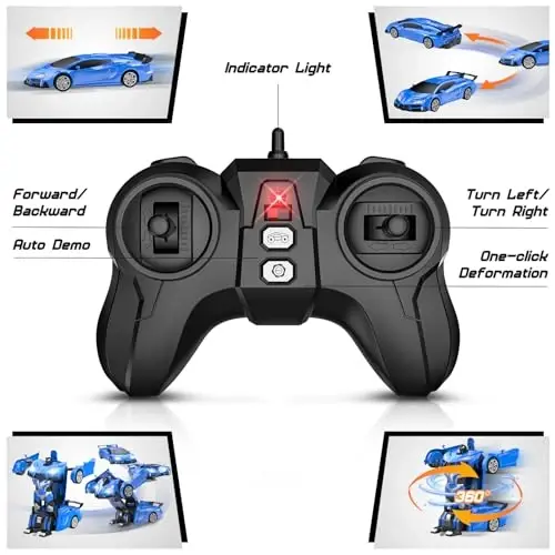 Qumcou 1: 16 Transform Remote Control Car, Toys for Boys Age 3-8, Blue | Easy 2.4GHz Controls, 360° Spins for Indoor Play. LED Light, One-Button Transforming. Fun Birthday Gift for Boys - 6