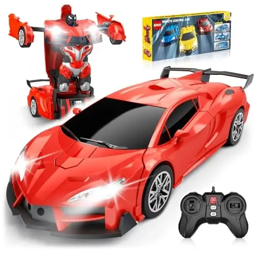 Qumcou 1: 16 Transform Remote Control Car, Toys for Boys Age 3-8, Red | Easy 2.4GHz Controls, 360° Spins for Indoor Play. LED Light, One-Button Transforming. Fun Birthday Gift for Boys - 1